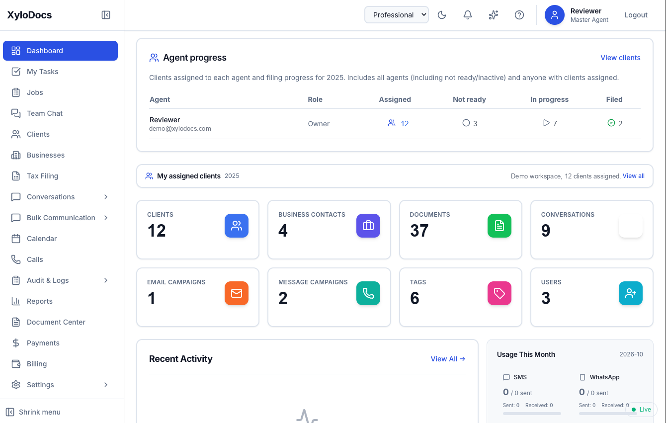 The XyloDocs agent dashboard: an agent progress table, assigned clients, and tiles for clients, business contacts, documents, conversations, campaigns, tags and users